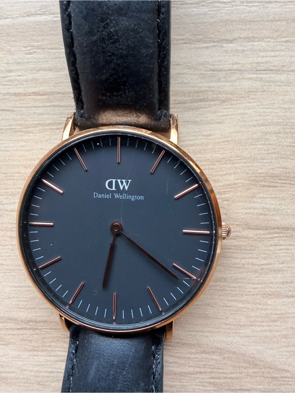Daniel Wellington Black Dial Gold Case Watch with Black Leather Strap